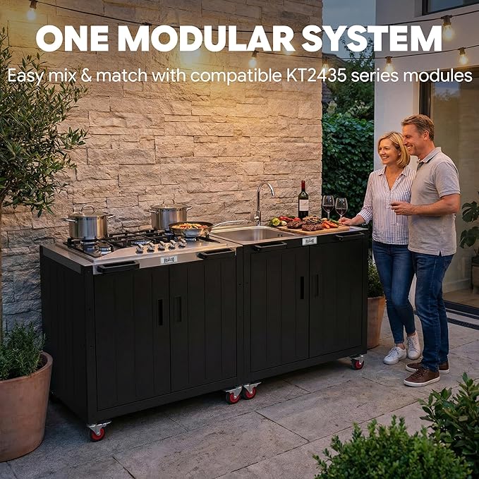 Feasto Gas Grill, Movable Outdoor Gas Stove Stainless Steel Top with Cabinet, 5 Burners with 36,200 BTUs, Outdoor Propane Grill for Outdoor Cooking, Ideal for Lawn & Garden, L35.4 x W24