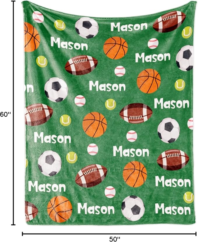 Personalized Ball Blanket with Name for Boys, Custom Name Blanket for Teen Ball, Soft Flannel Customized Gift for Birthday 50"x60"