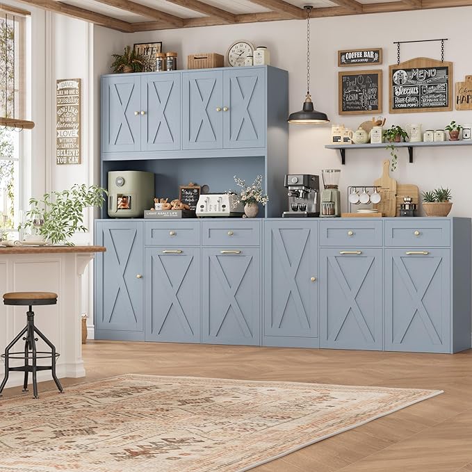 HOSTACK 12.5 Gallon Kitchen Trash Cabinet, 47" Double Trash Can Cabinet, Large Pull Out Can Storage Drawers, Wood Farmhouse Hidden Garbage Storage Buffet for Kitchen, Dining Room, Blue