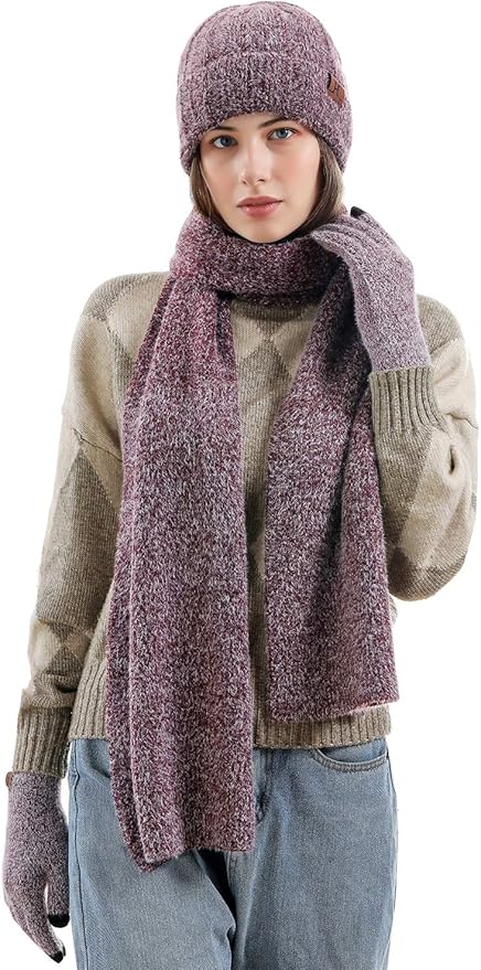 Womens Winter Warm Knit Beanie Hat Touchscreen Gloves Long Neck Scarf Set with Fleece Lined Skull Caps Gifts for Women