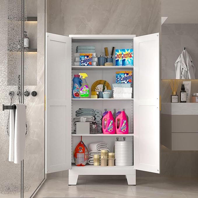 GAIOUS 61.02" Pantry Cabinet, Kitchen Pantry Storage Cabinets with Adjustable Shelves and Feet, White Pantry Storage Cabinet for Kitchen, Dining Room, Living Room and Bathroom (White) Metal