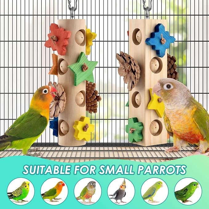 DBNESS Bird Toys for Parrot, 2 Pcs Hanging Colorful Wood Blocks Pinecones Parakeet Chew Foraging Toy for Beak-Grinding, Cage Accessories for Small to Medium Budgies, Cockatiels, Caiques, Conures