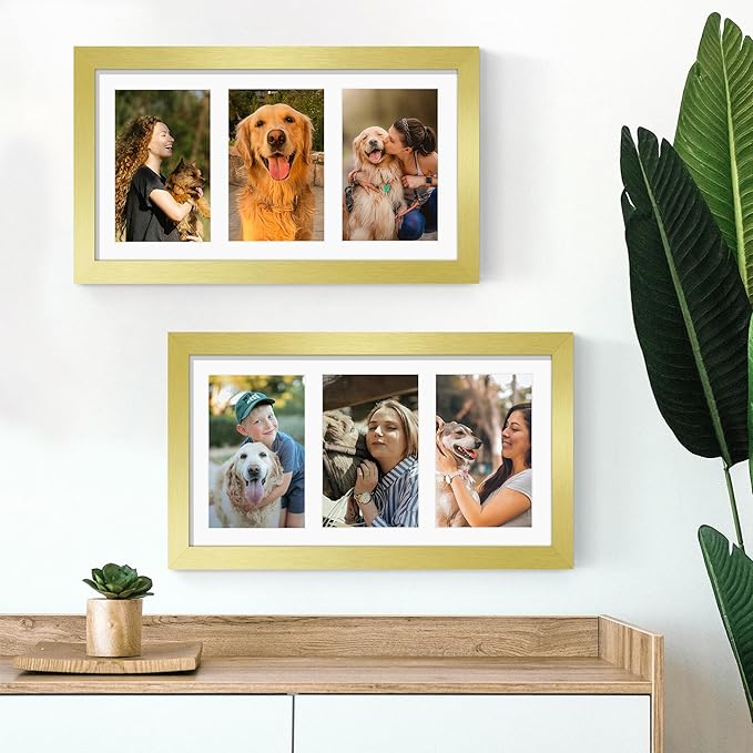 8x14 Collage Picture Frame 4x6 Collage Picture Frame Displays Three 4x6 inch Photos or 8x14 (Without Mat) for Available Horizontal Wall Mounting Display and Vertical Gold