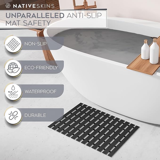NativeSkins Faux Bamboo Bath Mat, Black, Non-Slip Safety Lining, Bamboo Shower Mat, Waterproof, Quick-Drying, Rectangular, 16.9 x 30.7 in