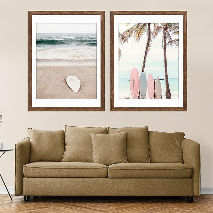 20x30 Frame Set of 2, Rustic Brown Wood Style - Display 16x24 Picture with Mat or 20 x 30 Poster without Mat, Wall Mounting Horizontal and Vertical
