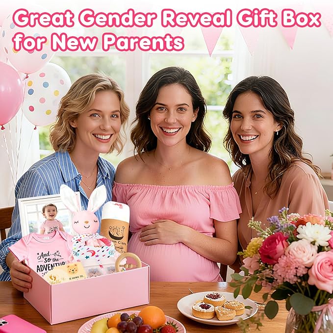 Baby Gift Basket for Newborn Girls & Boys, Baby Shower Gift Set for Girl, Newborn Baby Girl Essentials, Welcome Home, Gender Reveal Gifts for New Parents, Pink Gift Box