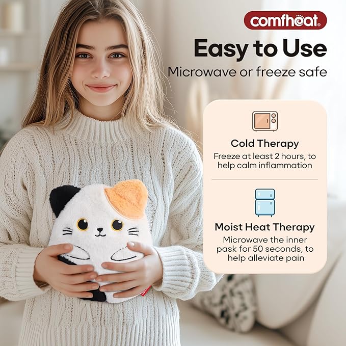 Cat Microwave Heating Pad for Period Cramps, Moist Heat Pack for Menstrual, Muscle Pain Relief Stuffed Animal Heating Pad Plush with Flaxseed Filling, Washable Cover, for Girl Women Kids