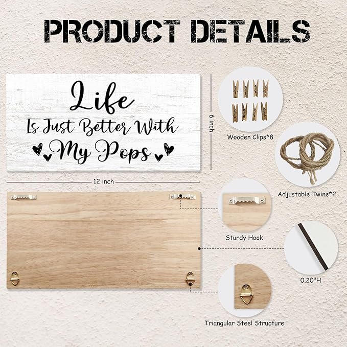 Pops Gifts Picture Frame Photo Holder for Wall, Fathers Day Papa Gift for Pop Grandpa, Thank You Grandfather Poppy Gifts from Granddaughter Grandson Hanging Photo Display