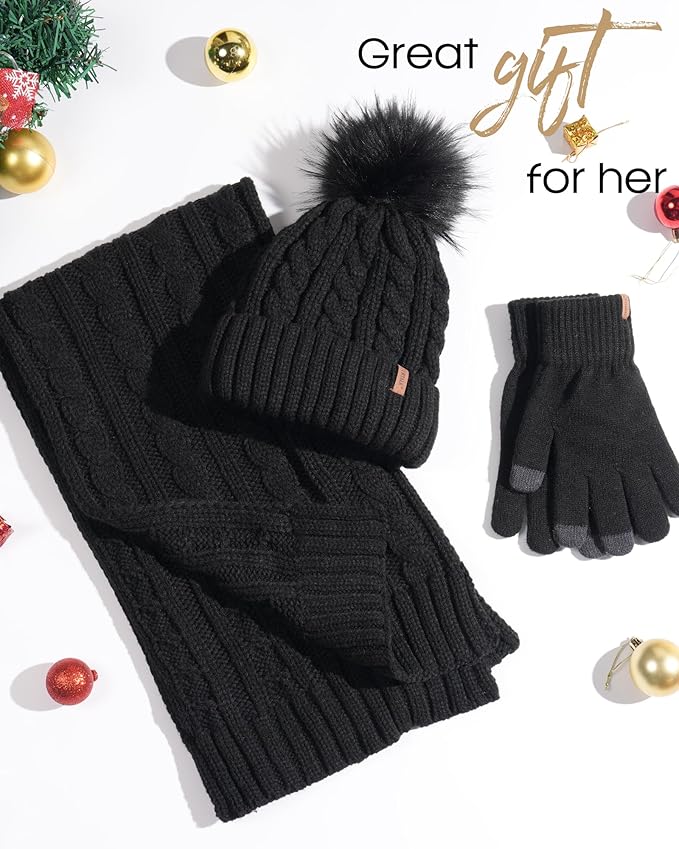 FURTALK Womens Winter Hat Gloves Scarf Set Fleece Knit Pom Beanie Warm Neck Warmer Touchscreen Gloves 3 in 1 Gift Set