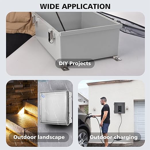 Waterproof Outdoor IP67 Junction Box (13"x13"x5.1") with Mounting Plate, Hinged Clear Cover and Wall Brackets - Weatherproof ABS Plastic Electrical Enclosure for DIY Projects (330x330x130mm)