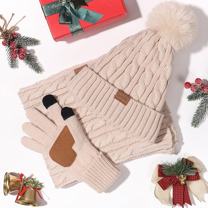 Remifa Winter Hat Scarf Gloves Set for Women, 3 PCS Beanie Hat Touchscreen Glove Long Neck Kint Scarf Valentines Gifts