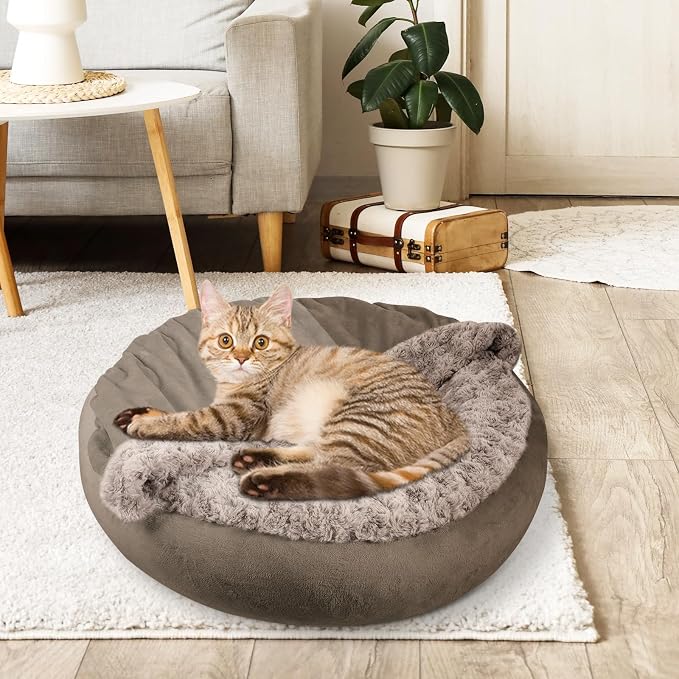 JOEJOY Small Dog Bed Cat Bed with Hooded Blanket, Cozy Cuddler Luxury Puppy Pet Bed, Donut Round Calming Anti-Anxiety Dog Burrow Cave Bed - Anti-Slip Bottom and Machine Washable 26 inch