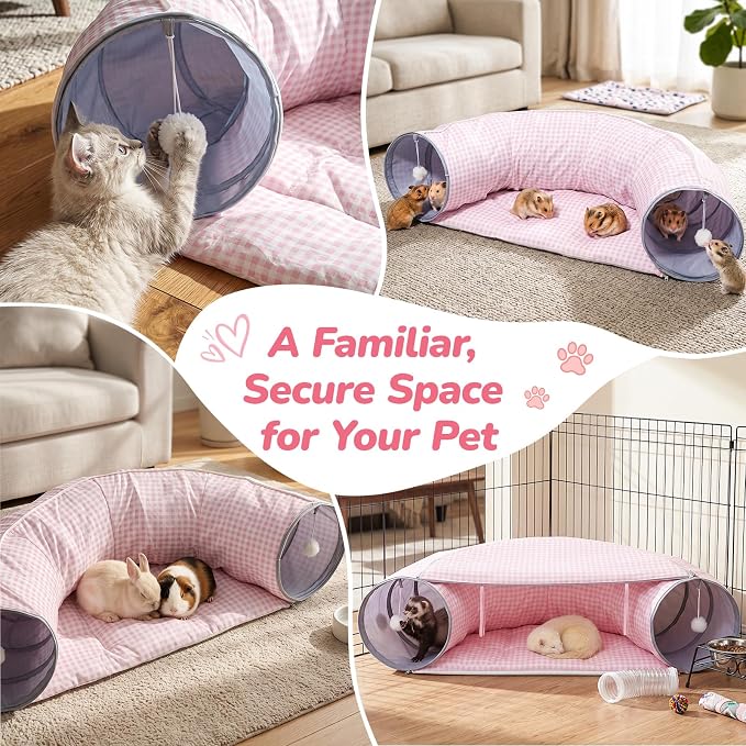 Bunny Tunnel Bed, 2-in-1 Collapsible Rabbit Guinea Pig Hideout, Pink | Removable Mat, Small Animal Tubes, Pet Rest Play Toy Indoor for Cats Kittens Rabbits Bunnies Ferret
