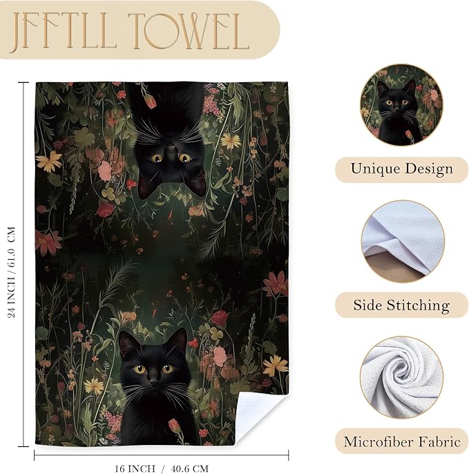 Vintage Floral Black Cat Kitchen Towels, Cat Lover Gifts Dish Tea Towels for Kitchen Decor, Dark Academia Botanical Kitty Decorative Hand Towel for Bathroom, 16x24 Inch