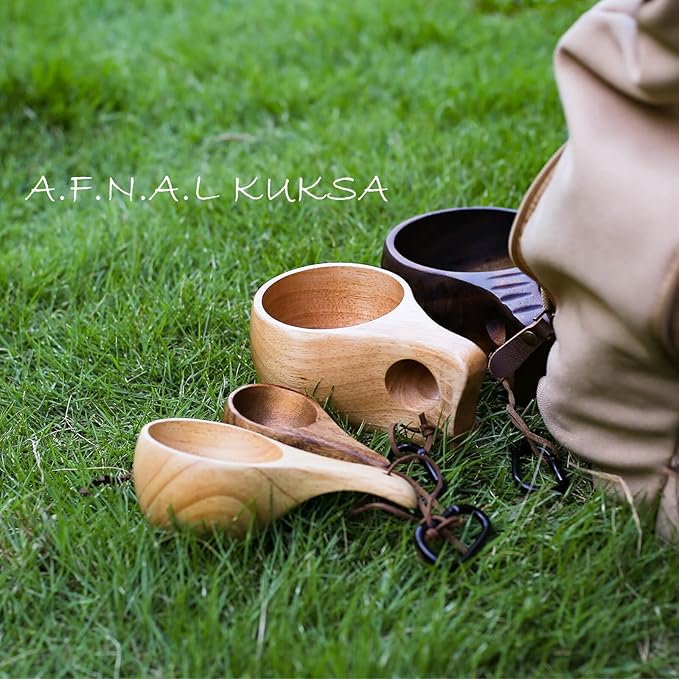 Kuksa Camping Mug Wooden Bushcraft Handcarved Cup, Nordic Style Coffee & Hiking Kuksa, Rubber Wood with Double Hole & Engraved Pattern, 7.1 oz., 6.3" x 3.8" x 2.6"
