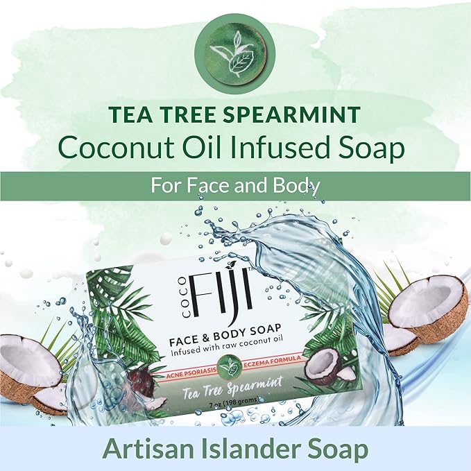 "Coco Fiji Soap Bar for Face and Body Infused With Organic Coconut Oil, Tea Tree Spearmint Essential Oil, Natural Soap for Moisturizing & Pore Purifying Skin, 7 oz, Pack Of 3 "