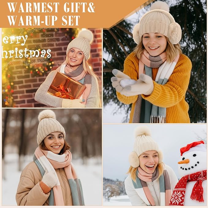 Geyoga 6 Pcs Winter Hat Scarf Gloves Set Knitted Touchscreen Gloves Plaid Scarf Earmuffs Socks Gift for Women Men