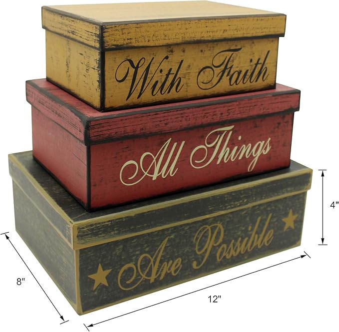 CVHOMEDECO. Primitives Vintage Rectangular Cardboard Nesting Boxes With Faith All Things Are Possible for Photos Memories Keepsakes and Home Decor., Large 12 X 8 X 4 Inch. Set of 3.
