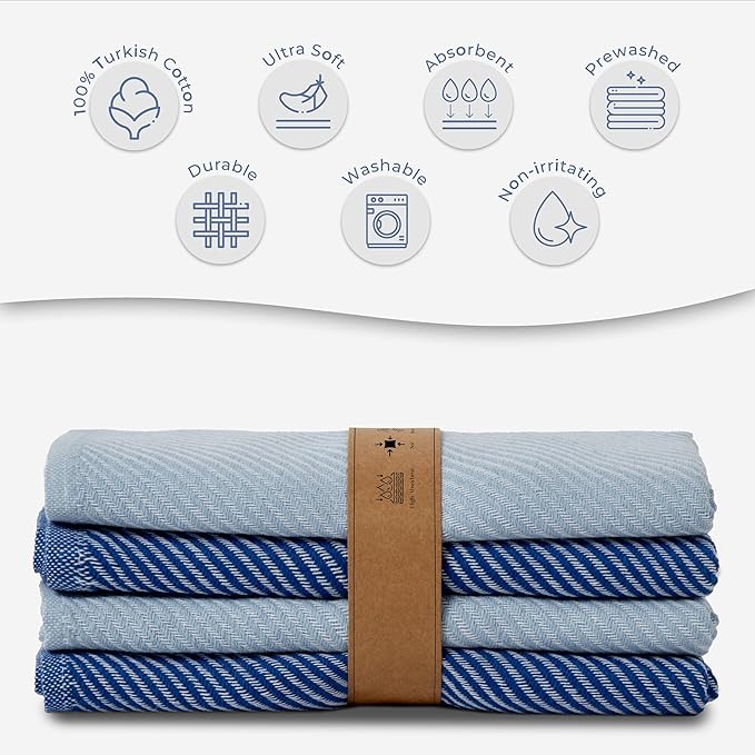 Decorative Tea Towels Set - 4 Pack, (20" x 30") - Large & Flour Sack - Versatile as, Kitchen Tea Towels, Decorative Dish Towels, Kitchen Hand Towels, Soft Kitchen Towels, Light and Navy Blue