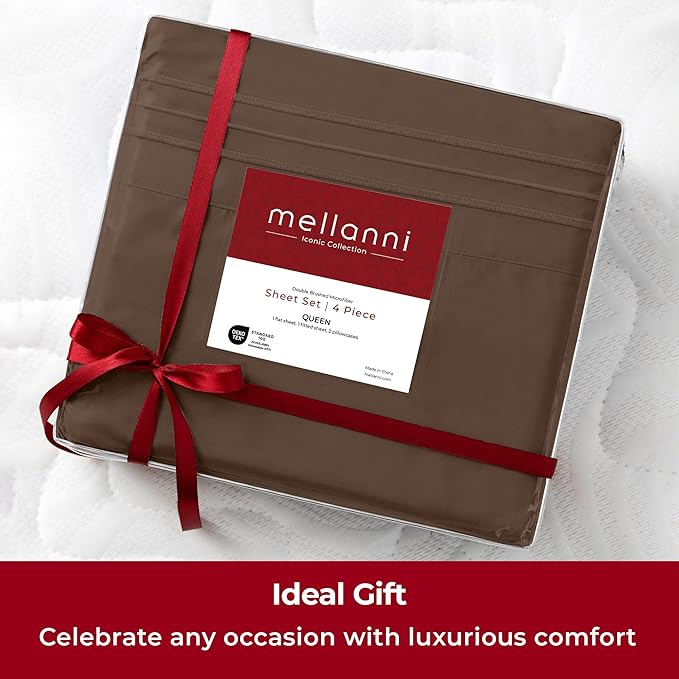 Mellanni Extra Deep Split King Sheets - 5 PC Iconic Collection Bedding - Hotel Luxury, Ultra Soft, Cooling Bed Sheets - Wrinkle, Fade, Stain Resistant (Split King, Brown)