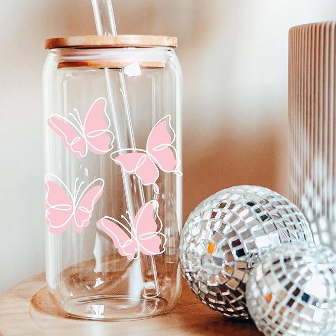 BIPEDS Butterfly Gifts for Women, Pink Cute Glass Cups with Lids and Straws, Aesthetic Iced Coffee Cup, Girly Preppy Design Tumbler Mug, Birthday Valentines Christmas, Teen Girl Gifts Trendy Stuff