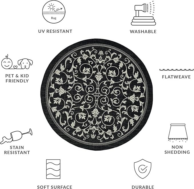 SAFAVIEH Courtyard Collection 6'7" Round Black / Sand CY2098 Scroll Indoor/ Outdoor Waterproof Easy-Cleaning Patio Backyard Mudroom Area-Rug