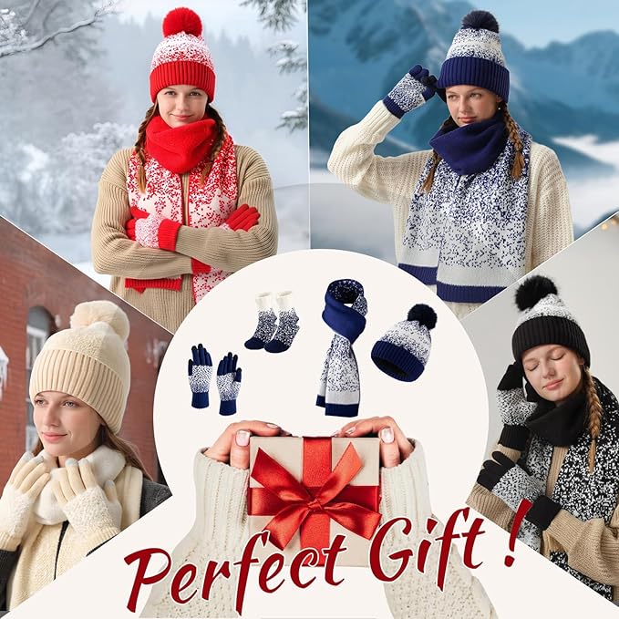 Womens Winter Beanie Hat Scarf Gloves Fuzzy Socks 4 In 1 Set Thermal Fleece Knitted Hat Warm Long Scarf Cold Weather