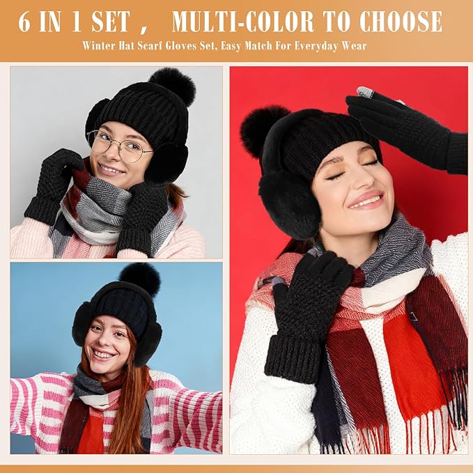 Geyoga 6 Pcs Winter Hat Scarf Gloves Set Knitted Touchscreen Gloves Plaid Scarf Earmuffs Socks Gift for Women Men