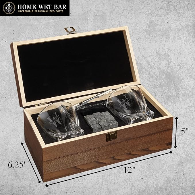 Personalized Whiskey Glasses – Custom Engraved Twist Whiskey Glass Set & Display Case with Whisky Stones by Home Wet Bar