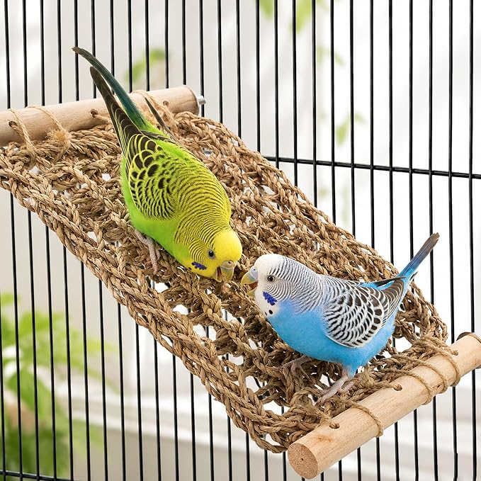 Bird Seagrass Mat Parrot Climbing Ladder Perch for Cage | Natural Sea Grass Woven Net Hammock, Birds Bridge Stands, Parakeet Chewing Rope Cage Accessories for Lovebird Budgie