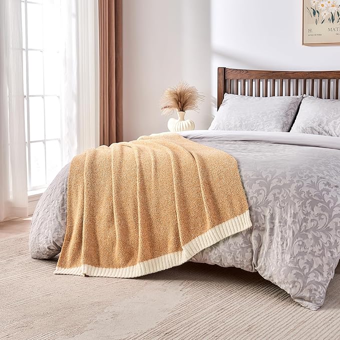 CozeCube Super Soft Fullfy Microfiber Reversible Knitted Blankets, Warm Cozy Fuzzy Plush Throw, Orange and White Melange Throw Blanket for Couch Bed Sofa, 50" x 60"