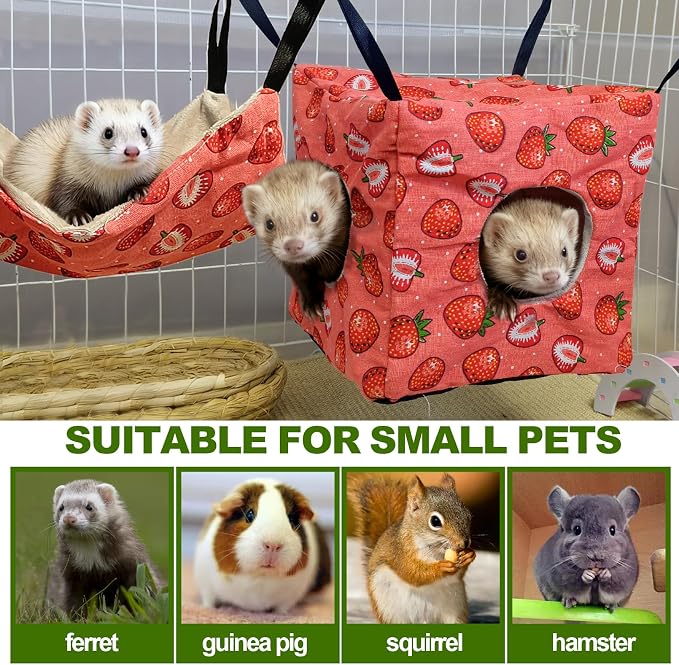 kathson 4 PCS Ferret Hammock Set,Washable Guinea Pig Hideout Bed,Soft Hamster Toys Hanging Tunnel Mats, Small Pets Cage Accessories for Rat, Sugar Glider, Squirrel(Pink)