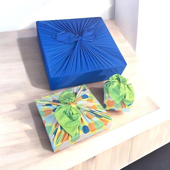 SHIKIWRAP Reusable Cloth Gift Wrap – Set of 3, Polka Dots & Deep Blue Eco-Friendly, Reversible, Stretchy Furoshiki Fabric Wrap for Birthday Gifts, Holidays, Special Occasions & Sustainable Living