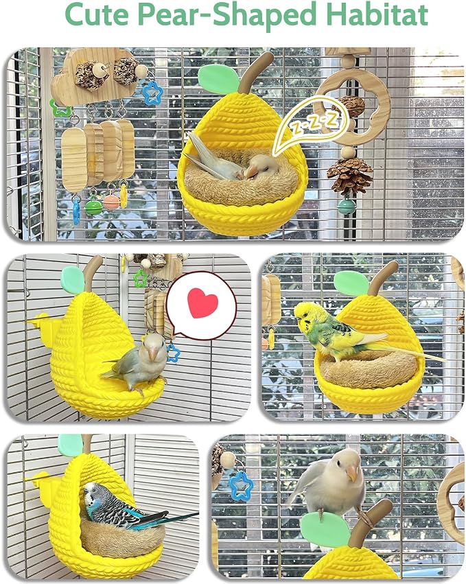 Cute Pear-Shaped Bird Bed for Cage, Only for Small-Sized Birds | Parakeet Nest with Cotton Pad, Quick-Release Buckle for Easy Clean, Open Hammock with Airy View for Lovebird Canary Budgie