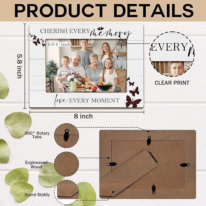 Family Photo Frame, Housewarming Gifts for Family Mom, Long Distance Wooden Photo Frames, Cherish Every Memory and Love Every Moment Decorative Picture Photo Frame for Desk Table 4X6 Photos
