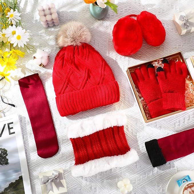 SATINIOR 5 Pcs Winter Hat Scarf Gloves Set Fleece Warm Lined Knit Beanie Hat Touch Screen Earmuff Gloves Warmer for Women(Red,Stylish Style)
