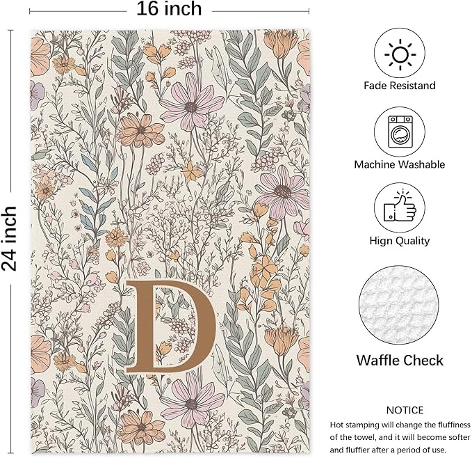 Initial D Personalized Floral Kitchen Towels Dish Towel, Custom Hand Towels for Bathroom, Monogrammed Gifts for Women Mom, Boho Floral Decorative Kitchen Towels Tea Towel, 16x24 Inch
