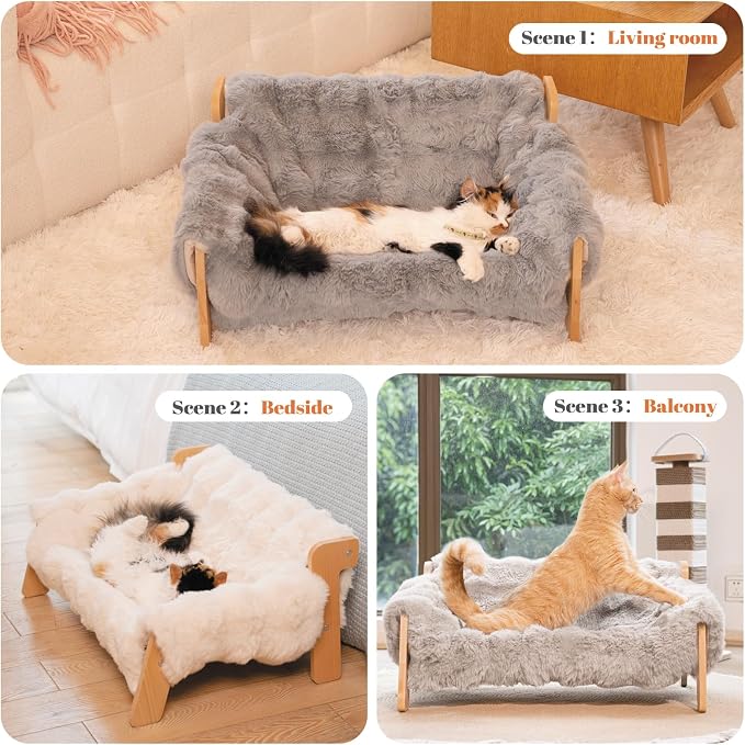 CHEERHOME PETS Elevated Cat Couch Bed Wooden Raised Kitty Sofa Lounge Chair | Washable Fluffy Cover Wooden Elevated Pet Furniture for Indoor Cats and Puppy(Gray)