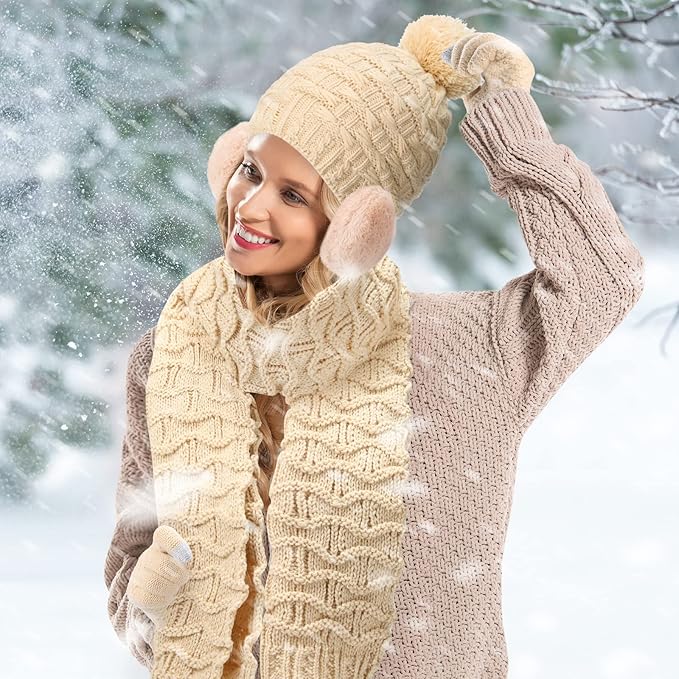 JenPen 4 Pcs Winter Hat Scarf and Gloves Set for Women Include Ear Cover Cold Weather Scarf Hat Knit Beanie Gloves