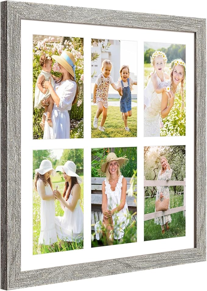 13x13 Collage frame with 6 Openings 4X6 Pictures, Multiple Picture Frame with Mat, Wall or Tabletop Decor, Grey Wood Grain,2 Pack