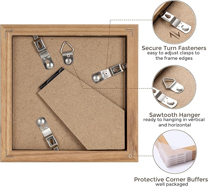 4x4 Picture Frame, Solid White Oak Wood Frame 4 by 4, 4 x 4 Square Photo Frame with Tempered Real Glass, Rustic Wooden Frame 4"x4" for Wall & Tabletop Display, Natural Color, Set of 2