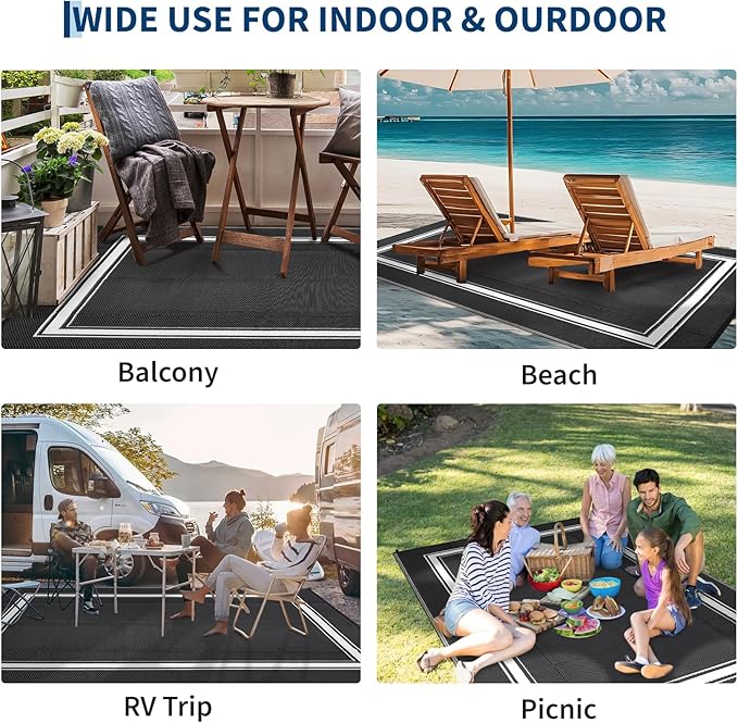 Outdoor Rugs 8x10 for Patio Waterproof Floor Mats Modern Bordered Plastic Straw Large Area Rugs Lightweight Reversible Mat Carpet for RV Backyard Balcony Porch Black/White