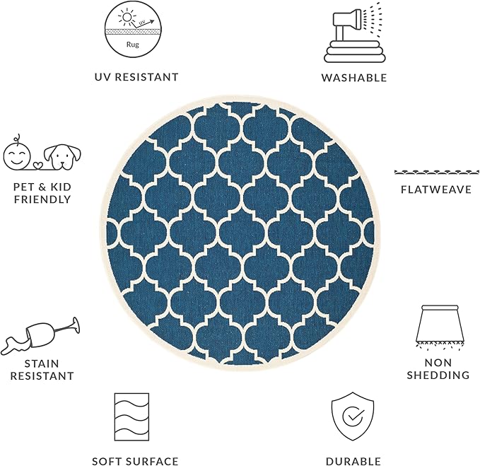 SAFAVIEH Washable Rug Outdoor Courtyard Collection - 6'7" Round, Navy & Beige, Non-Shedding & Easy Cleaning, Ideal for Patio, Backyard, Mudroom (CY6914-268)