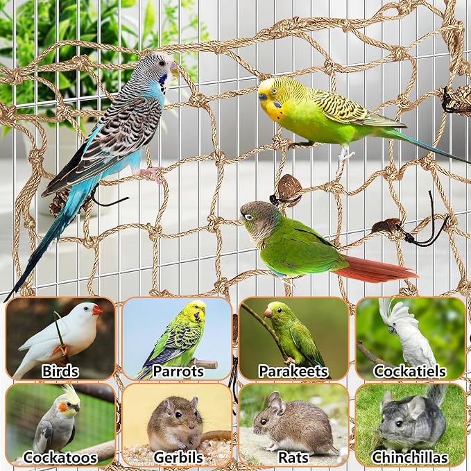 Tfwadmx Bird Climbing Rope Net Parrot Perch Climbing Rope Ladder,Large Size - 24''X24'' Parakeet Cage Hanging Toys for Budgies, Parrot, Conure,Parakeets, Blue & Gold Macaw