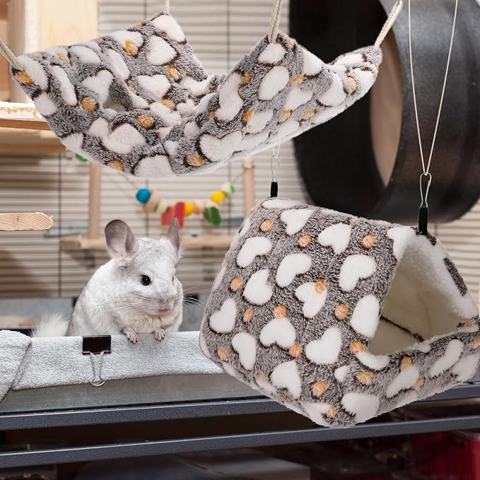 MCEAST 4 Pieces Small Pets Cage Accessories Hanging Hammock Sleeping Bag Tunnel and Bed Hideout Set Warm Sleep Nap Sack Bed for Hamster Ferret Squirrel Rabbit, Coffee Hearts