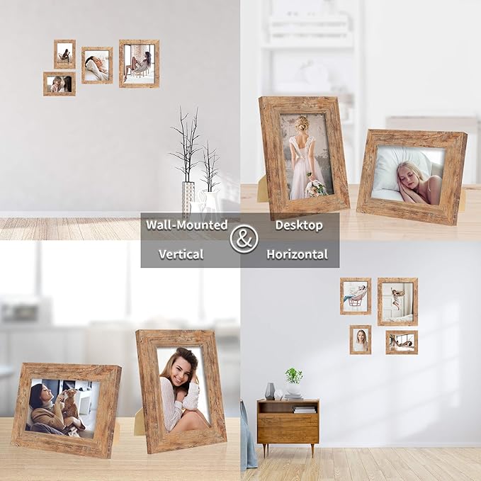iRahmen 5x7 Picture Frame Set of 4, High Definition Real Glass Rustic Brown Frame, 5 x 7 Wood Photo Frames for Tabletop Display and Wall Mounting