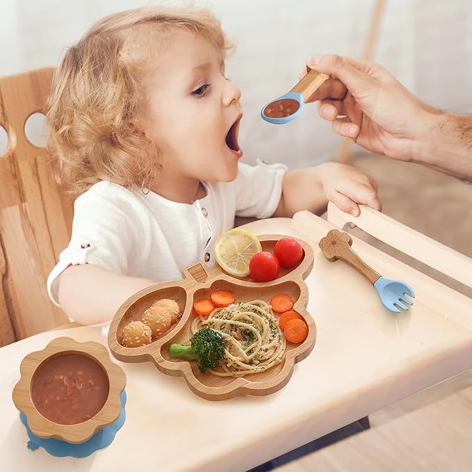 Bamboo Suction Plates Bowls Set for Baby Toddler - Includes Bamboo Bowl, Divided Plate, Silicone Fork & Spoon, All-Natural Baby Feeding Set for Baby-Led Weaning