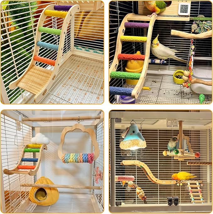 Hamiledyi Nature Wooden Bird Ladder Pet Parrots Climb Bridge Exercise Stands for Parakeet Climbing Chewing Bridge Bird Cage Accessories for Cockatiel Parakeet Lovebirds Budgie (Colorful)