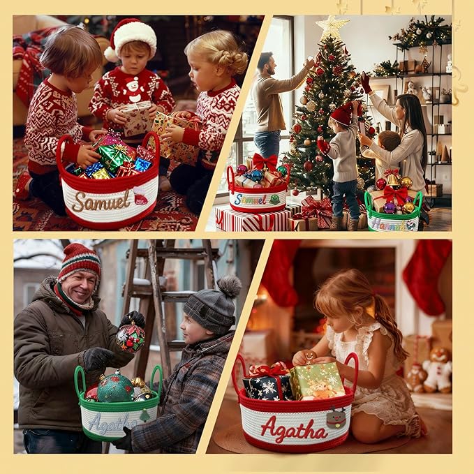 Custom Christmas Gift Basket with Name Personalized Woven Baby Shower Basket for Newborn Holiday Cotton Rope Storage Basket for Toy Diaper Caddy