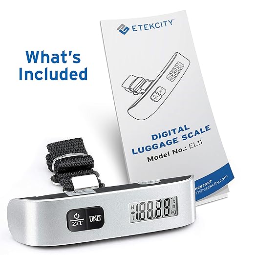Etekcity Luggage Scale, Travel Essentials, Digital Suitcase Weight Scales for Travel Accessories, Hanging Baggage Scale with hook, 110 Pounds, Battery Included, Silver
